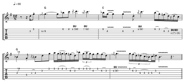 Play blues guitar like Stevie Ray Vaughan Example 1: Using Texas Flood as inspiration, this opening example showcases SRV's flamboyant but always coherent phrasing. There is a strong Albert King influence, with a biting attack.